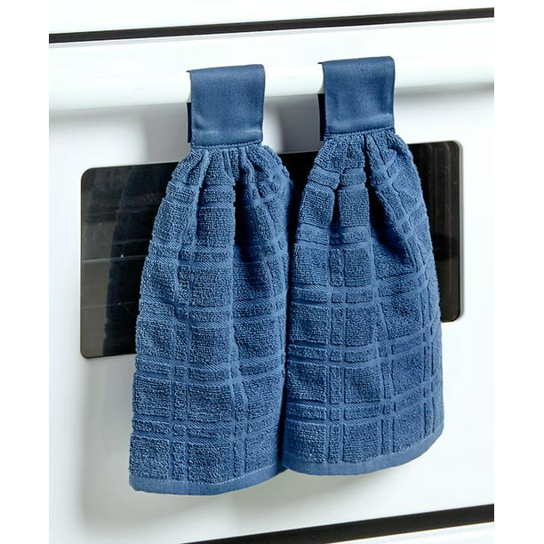 Set of 2 Hanging Kitchen Dish Hand Towels Hang on Oven Door Black or Blue